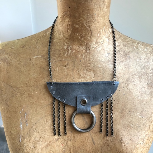 Industrial tribal leather and chain handmade OOAK statement festival necklace - Picture 4 of 6